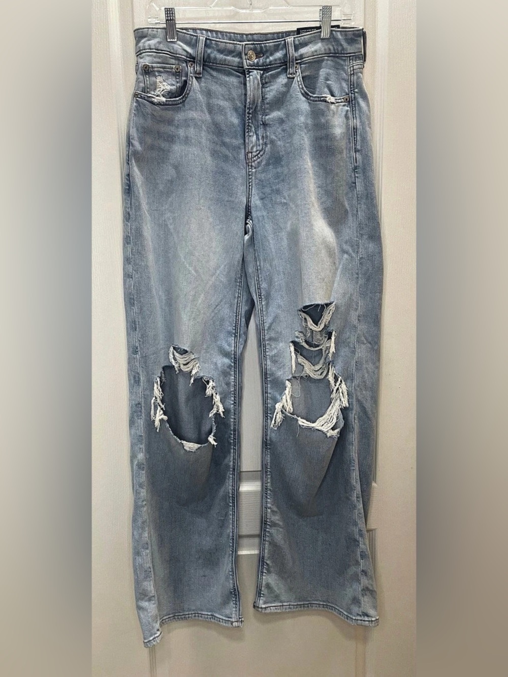 American Eagle Dreamy Drape Baggy Wide Leg Distressed Wide Leg Jeans Blue Waist